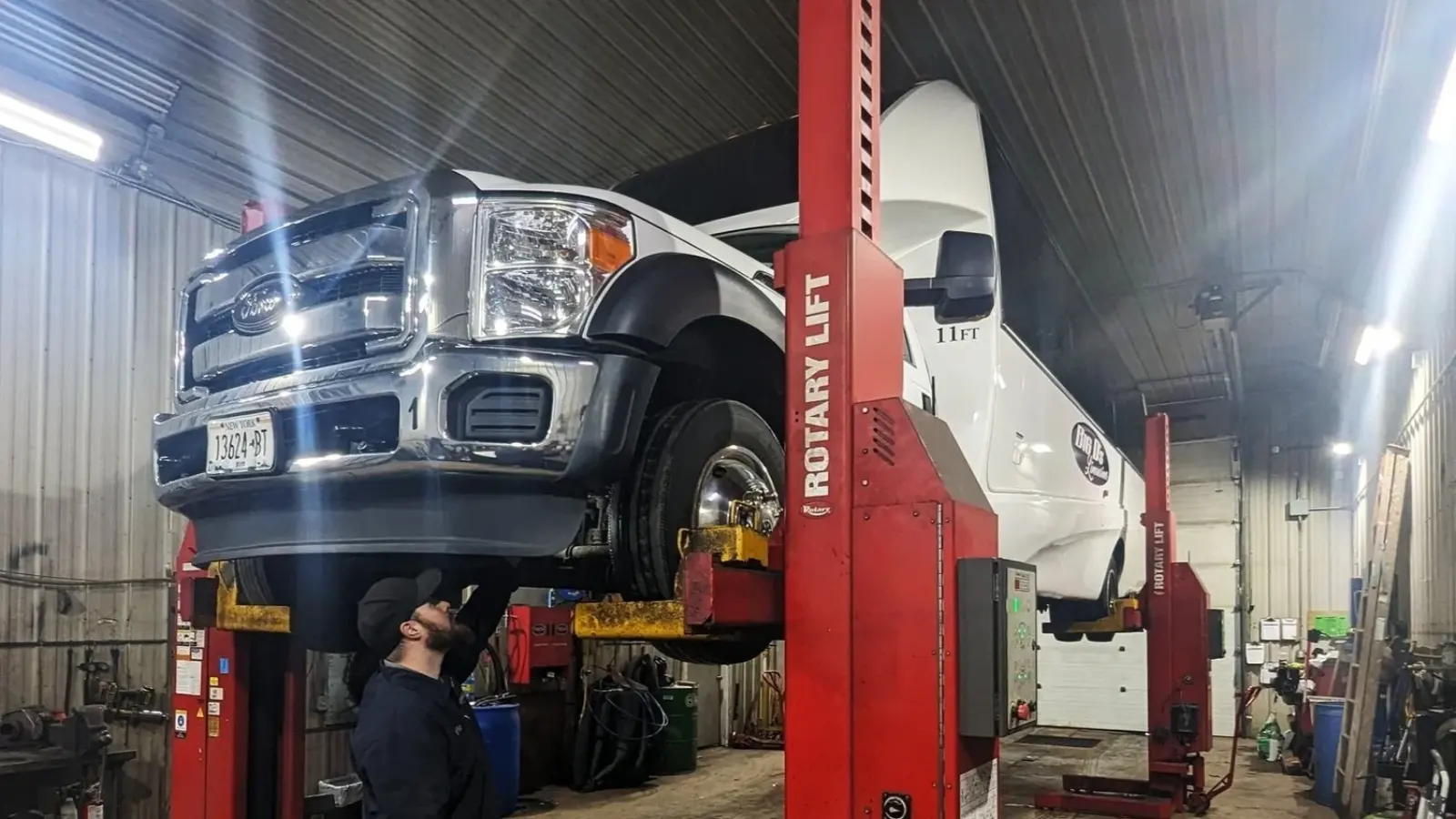A Big D's coach in the maintenance bay during inspection