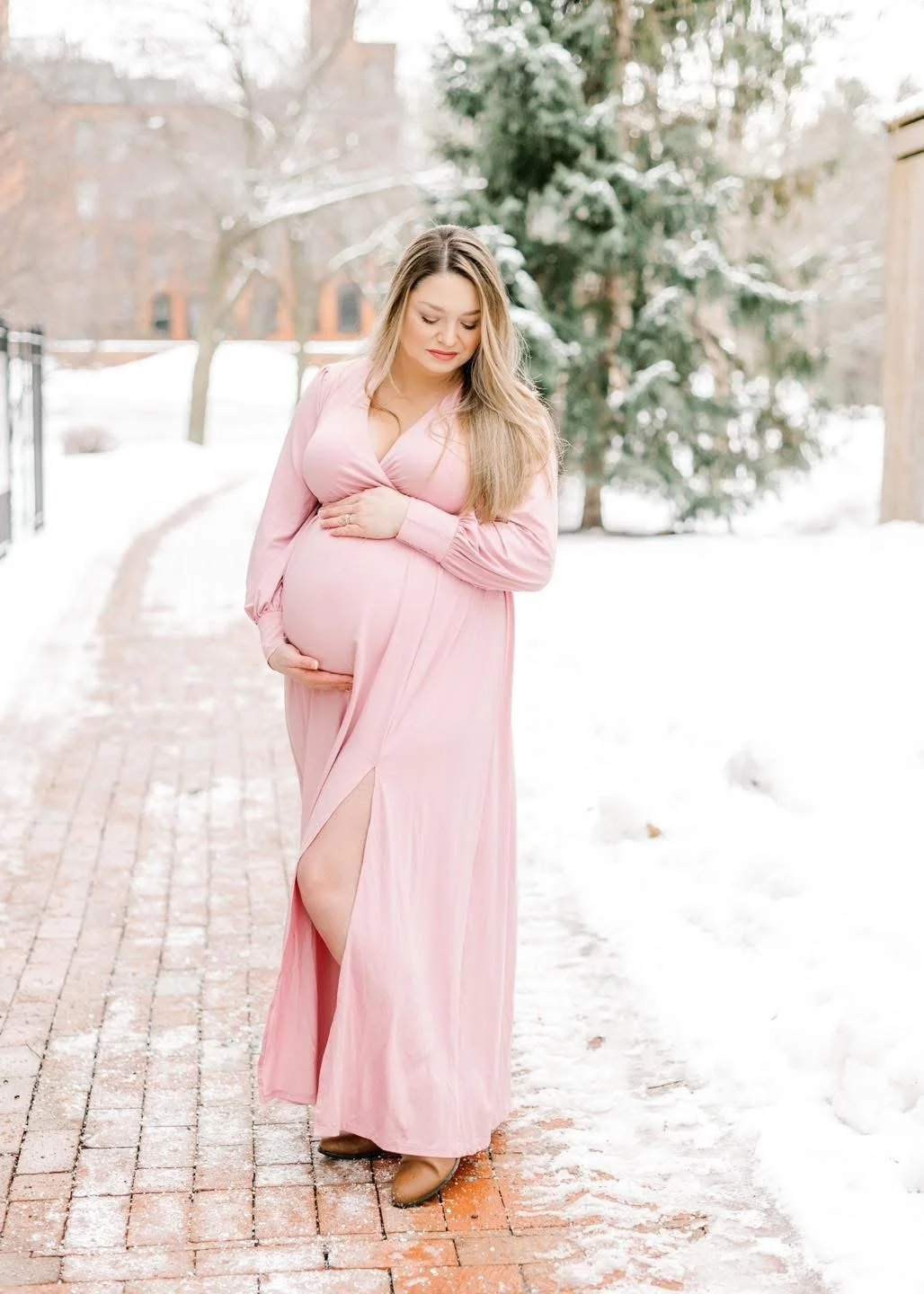 Flowing gown maternity portrait from a Syracuse studio session